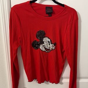 Forever 21 Red Long Sleeve Tee with Sequin Mickey Mouse